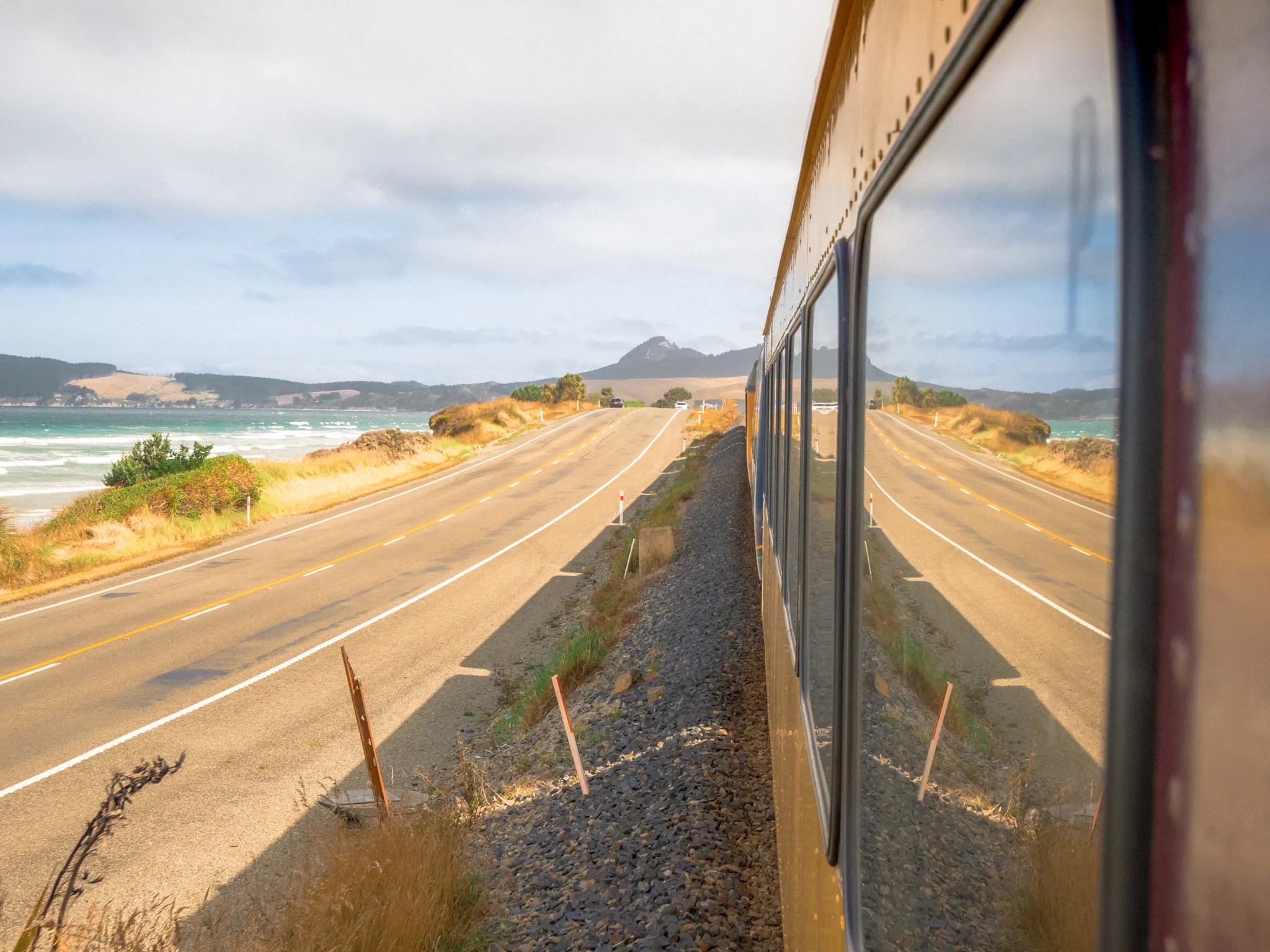 Oamaru Railway Station with a Dunedin Railways train parked outside